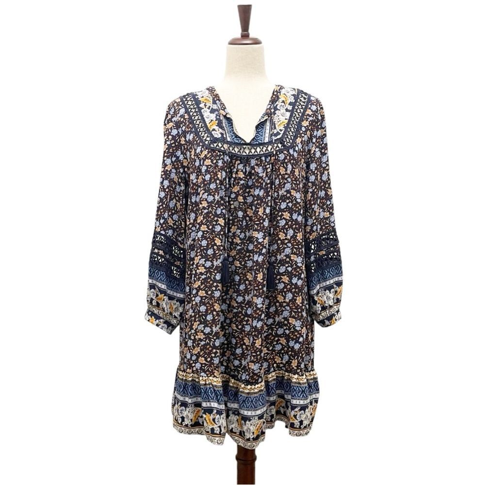 Sundance Simona Dress Blue Multi Floral Balloon Sleeve Peasant Dress Size Medium - Picture 2 of 14